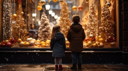 Children standing in front of window shop with Christmas decoration, generative ai