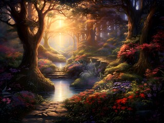 Illustration of a beautiful fantasy forest in the light of the setting sun