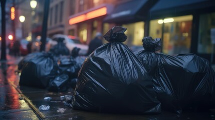 trash bags piled up on the corner of a sidewalk in the city