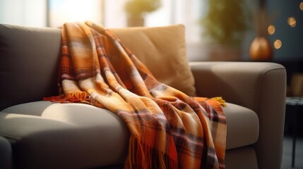 warm soft blanket draped over the arm of a sofa