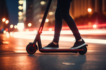 Close up of person riding electric scooter at the street