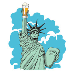 Statue of liberty holding a beer pint. Greeting card or poster design. Comic style engraving style vector illustration.