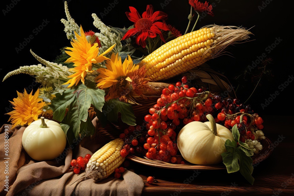 Sticker autumn still life with pumpkins and corn