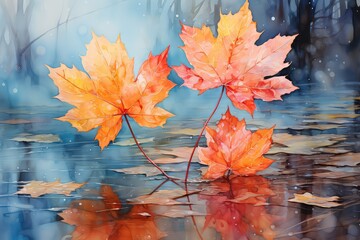 autumn leaves reflected in water