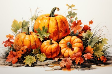 Naklejka na ściany i meble pumpkins and autumn leaves on a black background