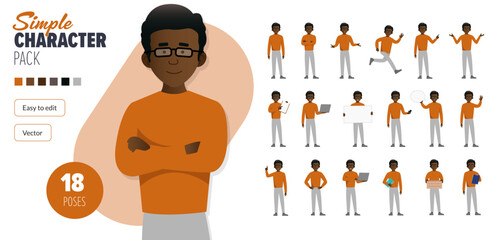 Simple flat male vector character wearing glasses in a set of multiple poses. Easy to edit and isolated on a white background. Modern trendy style character mega pack with lots of poses. 