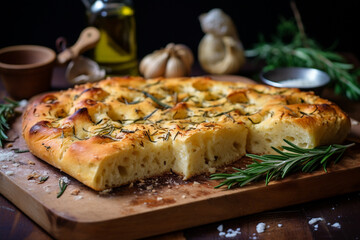 Oven baked focaccia bread. Restaurant dish.