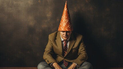 A strange man in a cone hat is sitting at the table. National Dunce Day concept.