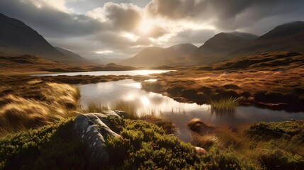 Panoramic view of a lake in the highlands of Scotland