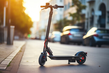 Electric scooter in the street close up - obrazy, fototapety, plakaty