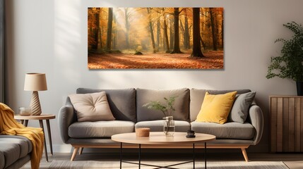 Modern living room interior with sofa, coffee table and painting on wall