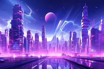 Fototapeten Futuristic neon lited city as technology background. © serperm73