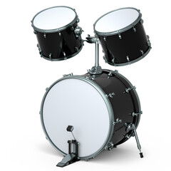 Set of realistic drums with pedal on white. 3d render of musical instrument