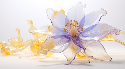  a blue and yellow flower is on a white surface with yellow petals.  generative ai