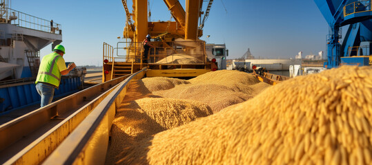 A crop of wheat or grain is loaded onto a ship. - obrazy, fototapety, plakaty
