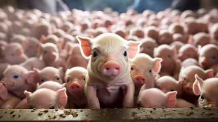 piglet peeking out from a crowded pen in a factory