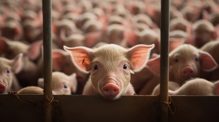 piglet peeking out from a crowded pen in a factory - obrazy, fototapety, plakaty