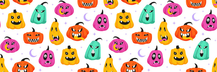 Halloween seamless pattern. Colored spooky pumpkins. Vector flat illustration. Halloween background.
