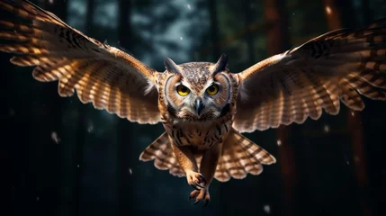 Zelfklevend Fotobehang owl with spread wings flying in the night © Nicolas Swimmer