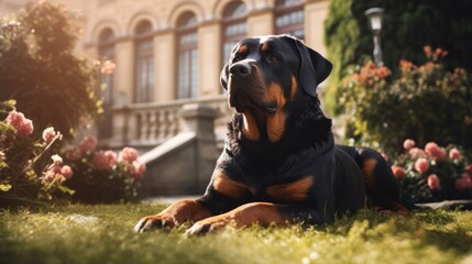 rottweiler at a wealthy garden protecting the house - obrazy, fototapety, plakaty