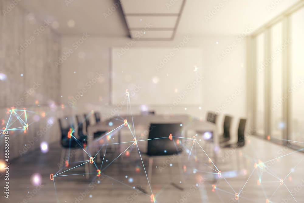 Poster Abstract virtual wireless technology hologram on a modern conference room background. Big data and database concept. Multiexposure