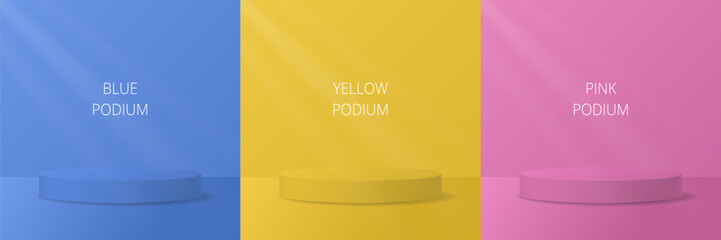 Pink, yellow and blue podiums. Set of backgrounds with pedestals. Product display. Cylinder, rays of light	