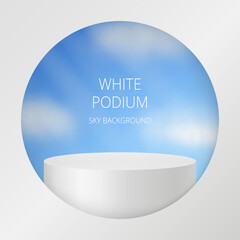 3d mockup of a cylindrical podium or pedestal for a product. White display stage. Background with clouds on a  blue sky. Cylinder showing through a round window