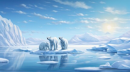  three polar bears are standing on icebergs in the water.  generative ai