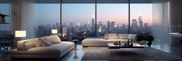 Minimalist apartment or penthouse with city view. Interior design of modern living room - obrazy, fototapety, plakaty