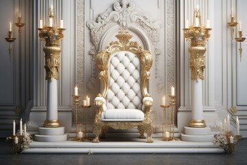 Regal throne, white seat, golden candles, grey and white background. Generative AI - obrazy, fototapety, plakaty