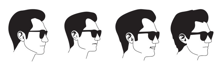 Collection of men profile silhouette. Set silhouettes of man's head with sunglasses isolated on white background. Vector illustration.