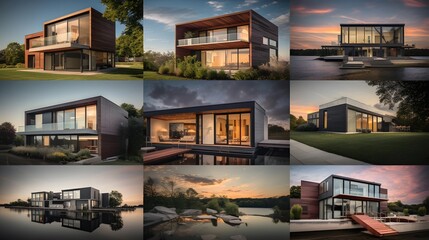 Collage of four images of a modern house with a lake in the background
