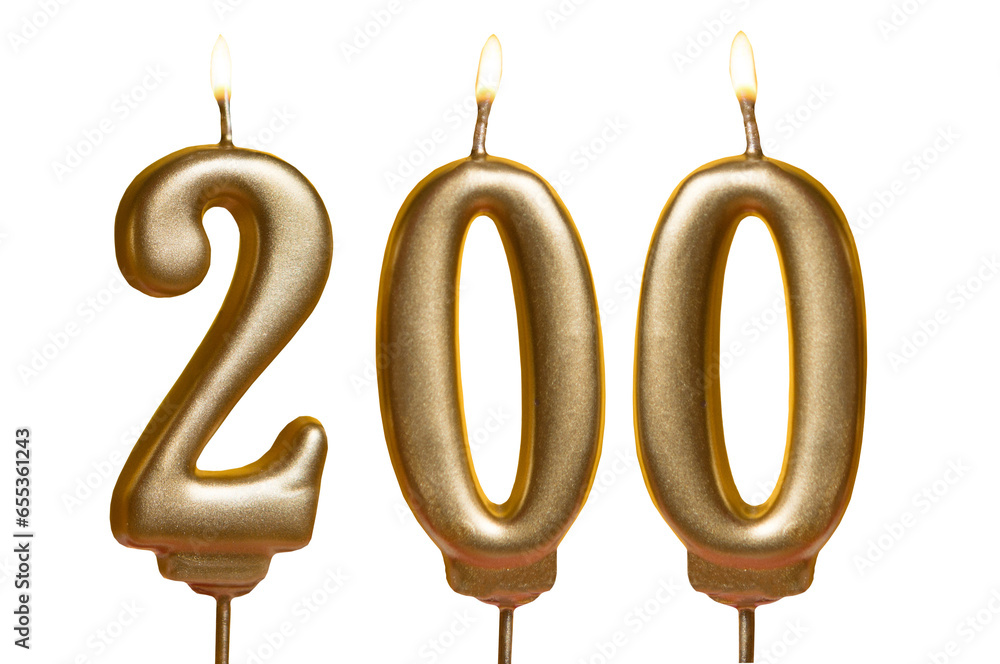 Poster Candles on a transparent background, png. Anniversary 200. Card banner with golden decorative candles. Mockup.