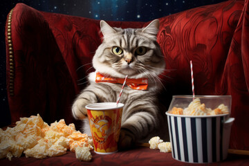 Cat eating popcorn and watching an exciting premiere of a new movie in cinema