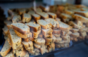 Biscotti on display in a store window. Tuscan-style cantuccini.
