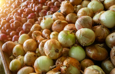 Lots of onions in the city market.