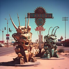 demonic hot rods las vegas outside old casinos neon signs walking down a dustry side street cans outdoors sculptures 1964 60s vintage dust bowl 16k  - obrazy, fototapety, plakaty