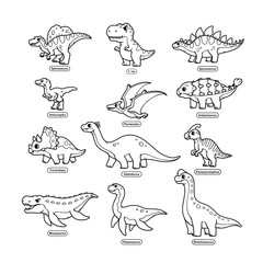 Set of cute dinosaur element in line art style isolated vector illustration