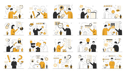 Business scene set. Big set. Collection of scenes with men and women. HR specialist, Data analytic, Check list, New idea,FAQ, Tax. Business people in different situation. Vector illustration. - obrazy, fototapety, plakaty