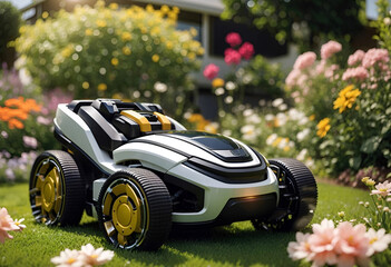 robot tondeuse électrique dans un jardin avec des fleurs autour - 655362013