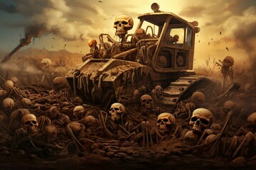 A vintage bulldozer amidst a heap of skulls, depicting an apocalyptic and hellish scene. Generative AI - obrazy, fototapety, plakaty