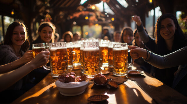 Beer mugs with fresh pretzels or brezen at Oktoberfest, Munich, Germany