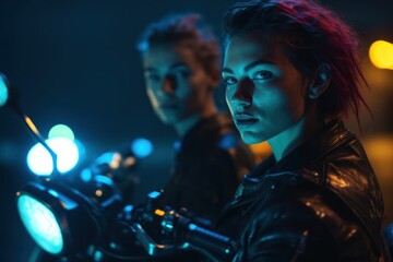 Two girls on a motorcycle against the background of a night city - obrazy, fototapety, plakaty