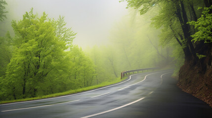 A winding road through a misty forest on a rainy spring day