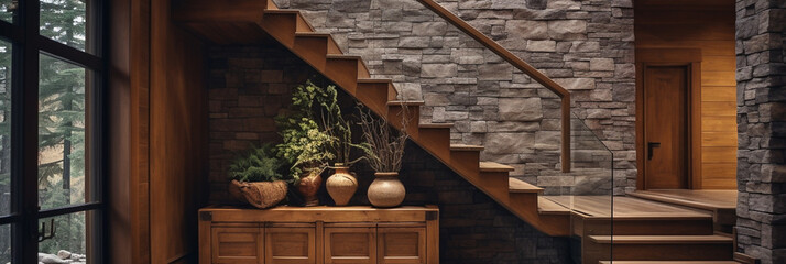 Wooden luxury staircase and stone cladding wall in rustic hallway. Cozy home interior design of modern entrance hall with door.