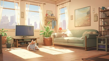  a living room with a cat sitting on the floor in front of a tv.  generative ai