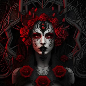 beautiful nice open eyes goddess of the Black and Red roses in dark gothic vampire style horned white skin Red Lips intricate ornaments details 4k octane rendering 35 14 mm photography style 