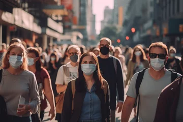 Fotobehang Crowd of people walking street wearing masks © blvdone