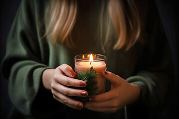 Woman holding Christmas candle and fir	