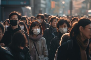 Crowd of east Asian people walking street wearing masks - obrazy, fototapety, plakaty